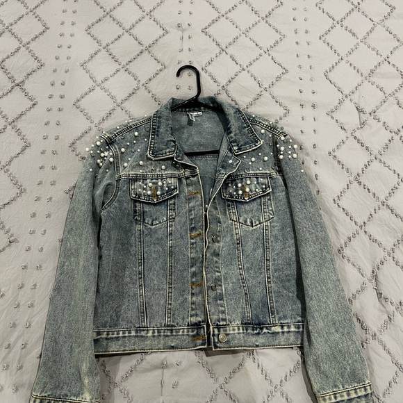 Pearl Studded Denim Jacket with 'Wifey' Embroidery - Picture 3 of 5
